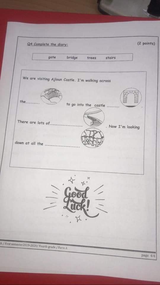NDk4MzMx4 صور امتحان نهائي لمادة اللغة الانجليزية للصف الرابع الفصل الاول 2019 نموذج A وكالة